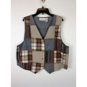 Casey & Max Patchwork Vest Large Gray Brown Plaid Boho Cottagecore Vintage 90s